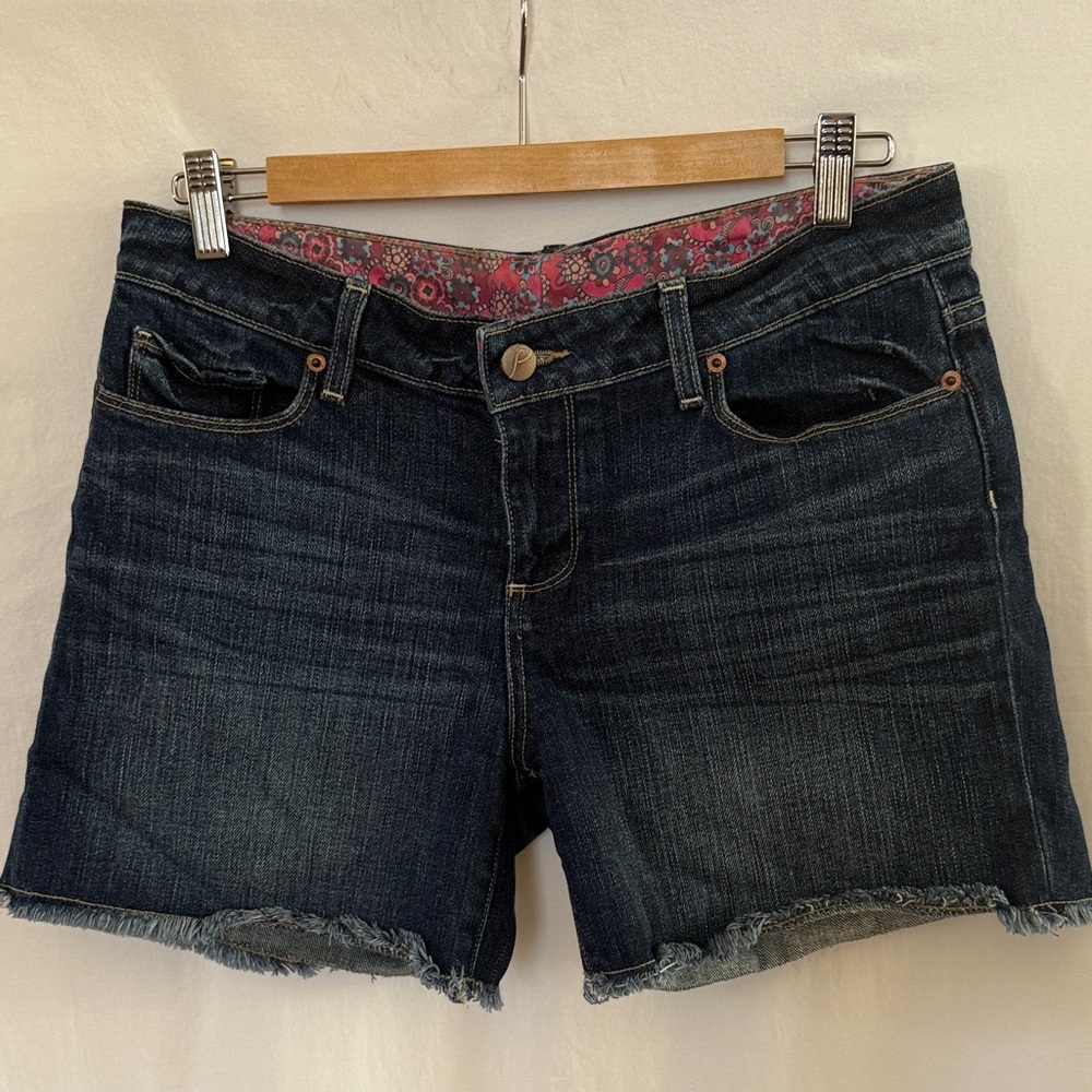 Paige denim jean shorts. Dark Wash Denim Women’s Shorts with Frayed Hem - Blue